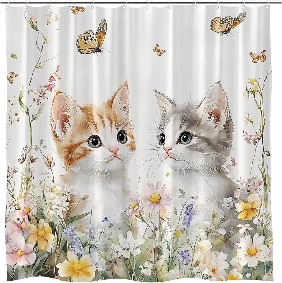 Butterfly and Kitten Floral Shower Curtain, Cute Cat Rustic, 70" W x 70" L