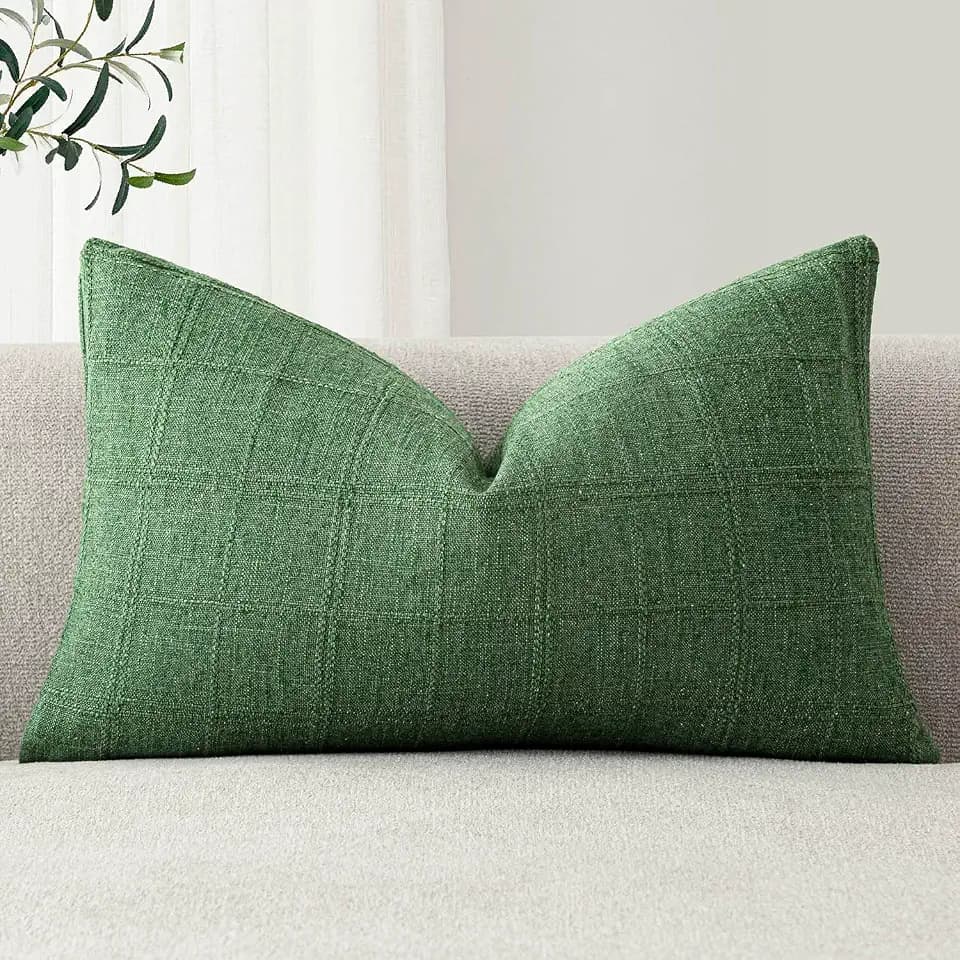Foindtower Set of 1 Decorative Linen Check Throw Pillow Cover Neutral Farmhouse Lumbar Cushion Cover Modern Boho Accent Home Decor for Sofa Chair Couch Bedroom Living Room,12×20 Inch,Forest Green