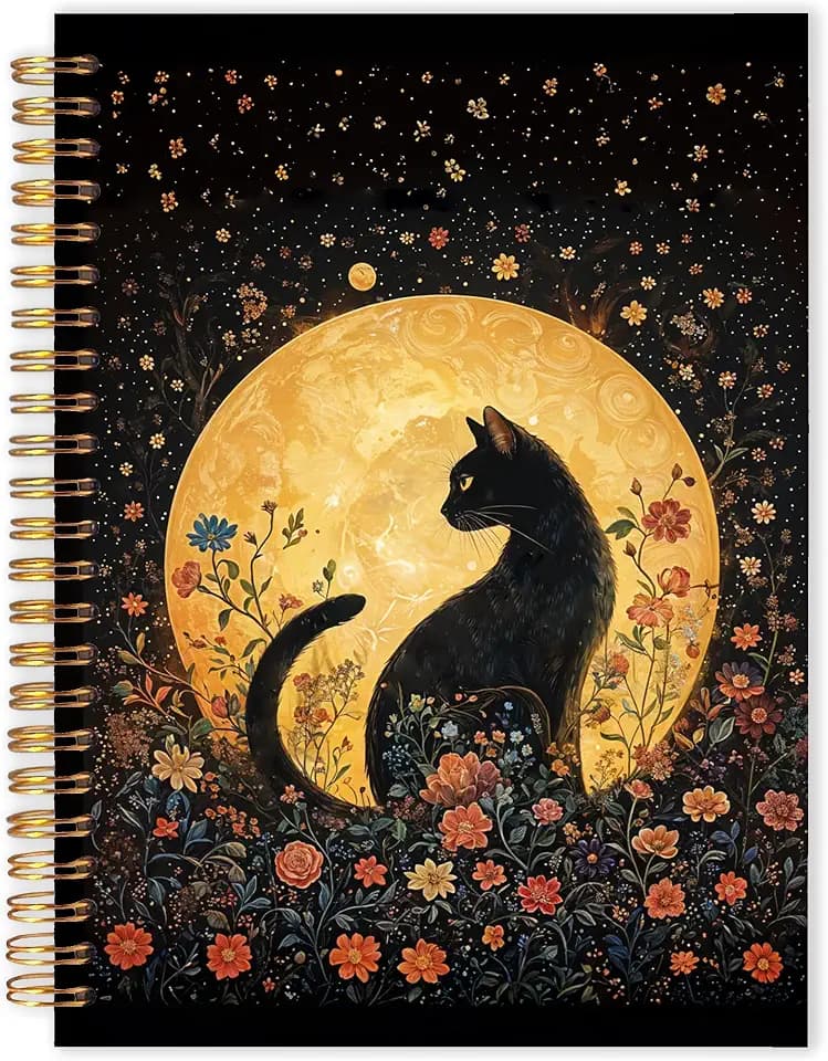 Qabliqo Witchy Floral Black Cat Spiral Notebooks, Mystical Full Moon Cat Journals for Writing, Cats Lover Mom Lady Gifts Journal, Boho Wildflower Kitten Notebook for Note Taking, 5.5x8.3 Inch
