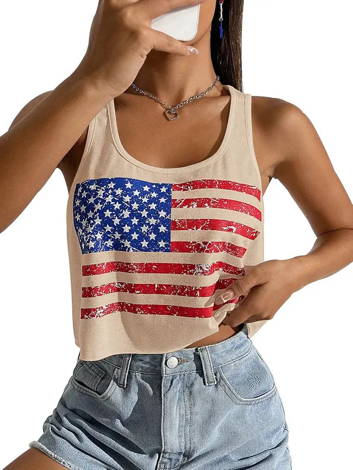 Women's 4th of July Outfits USA Shirt Patriotic Tank American Flag Crop Top