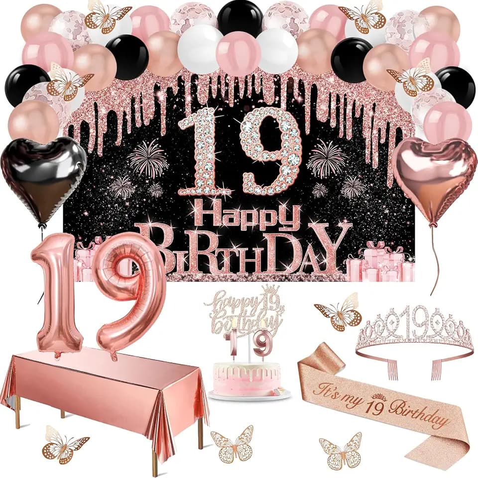 Juesly 19th Birthday Decorations for Girls Rose Gold Black 49pcs