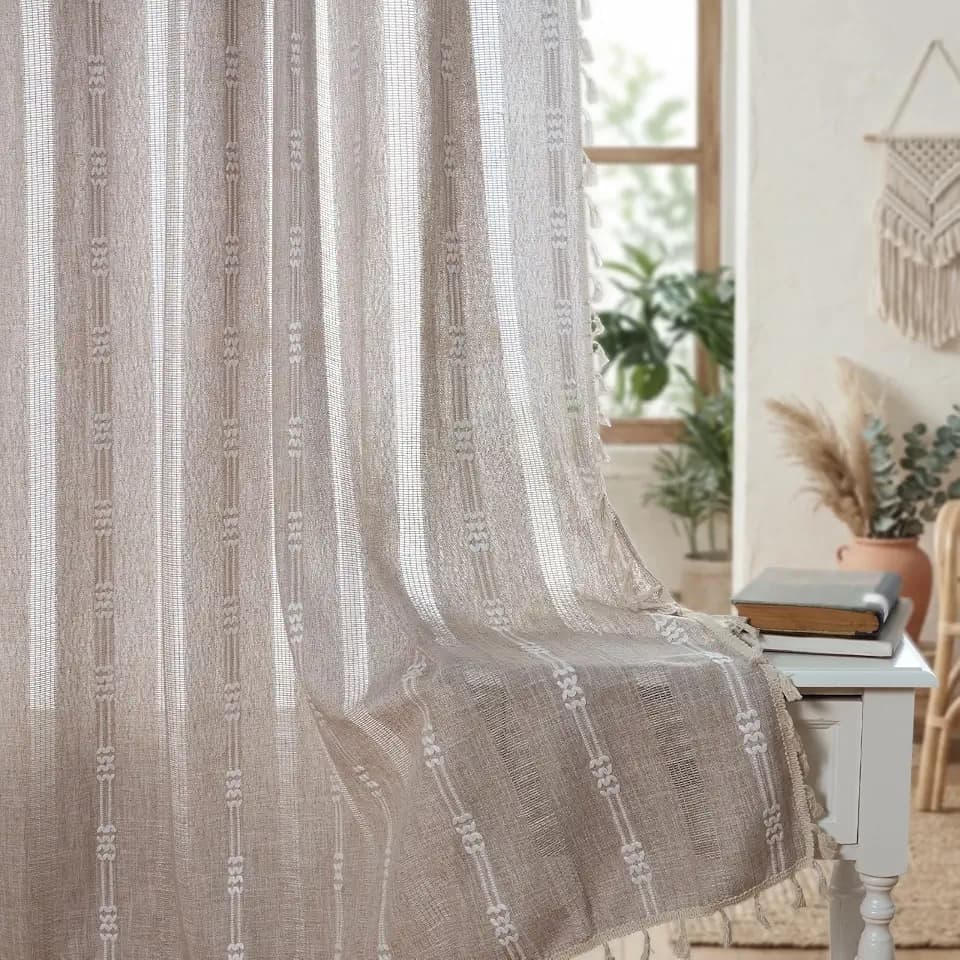 ColorBird Boho Curtains Linen-Textured for Living Room Bedroom Light Filtering 84 Inches Natural Brown Farmhouse Curtains & Drapes Embroidered Striped for Dining Closet Dooraway Window Treatment
