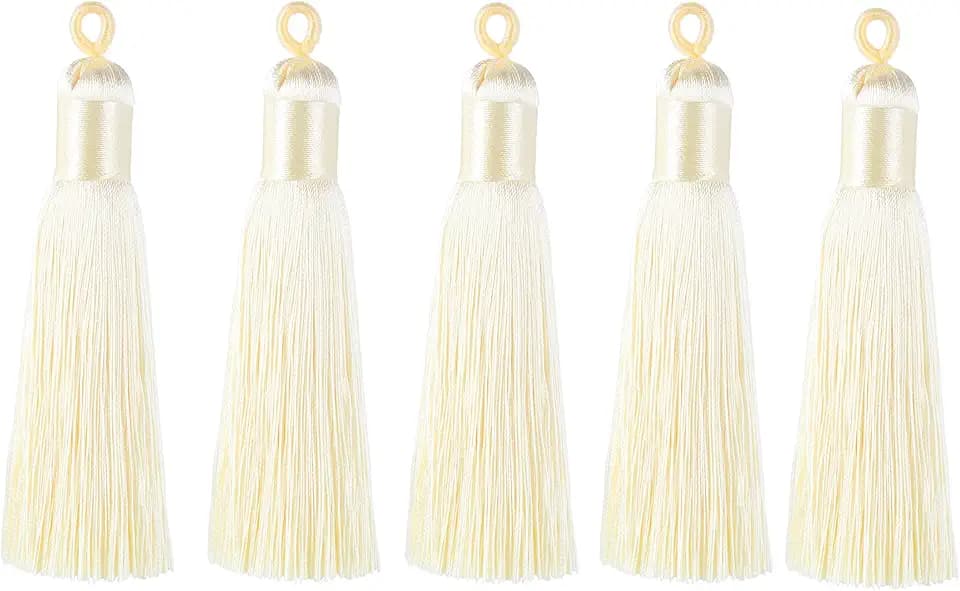 KONMAY 10pcs 3.4''(8.5cm) Handmade Imitation Silk Tassels with Hanging Loop for Jewelry Making (Cream)
