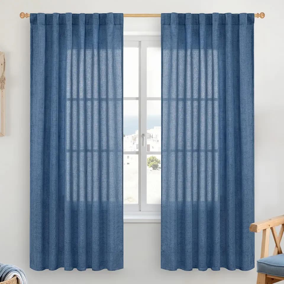 YoungsTex Navy Linen Curtains 78 Inch Length for Living Room, Dark Blue Semi Sheer Drapes with Rod Pocket Back Tab Light Filtering for Office Bedroom Windows, 2 Panels, 52 X 78 Inch