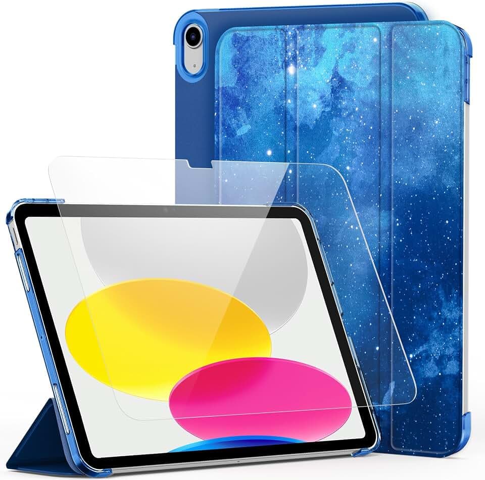 CACOE Hülle für iPad (A16) 11./10. Generation (2025/2022) mit Schutzfolie | Ultra Dünn mit Standfunktion Slim PU Leder Smart Schutzhülle, Blaues Sternenmuster