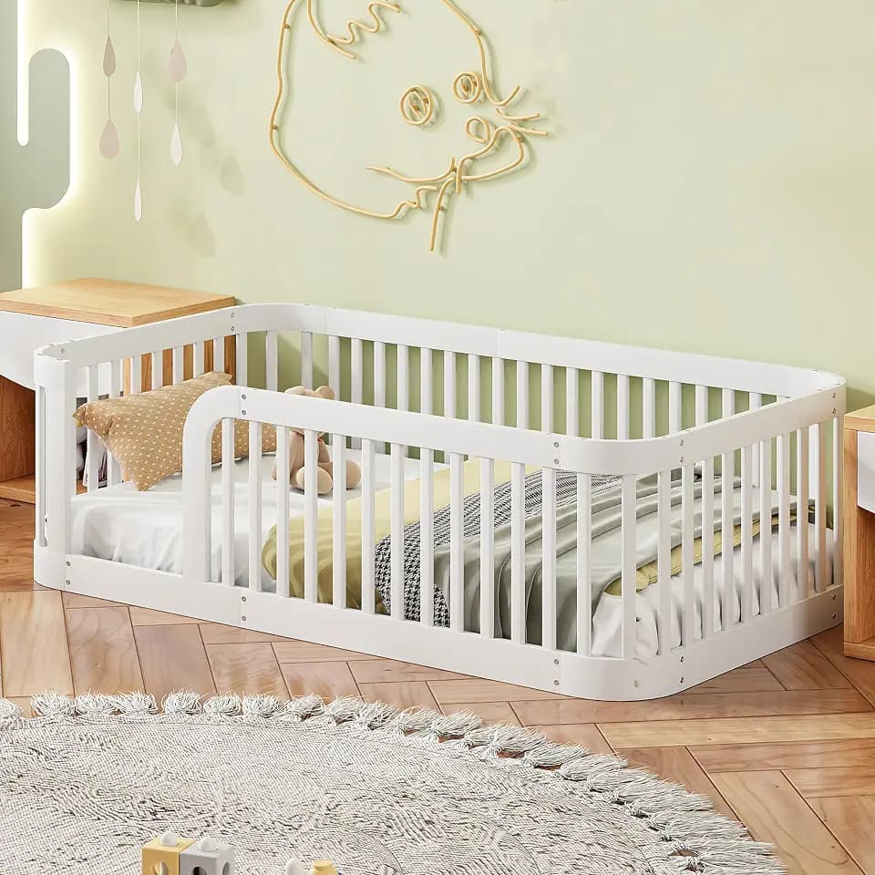 Bellemave Twin Floor Bed with High Fence and Rounded Corner Design, Twin Size Montessori Floor Bed with Entrance, Easy Assemble Montessori Bed Frame, White