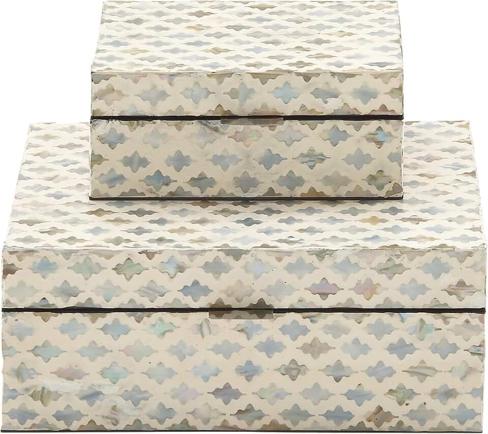 Deco 79 Mother of Pearl Shell Geometric Handmade Decorative Box Storage Decorative Keepsake Boxes with Hinged Lid, Set of 2 Storage Boxes 12", 8"W, Cream