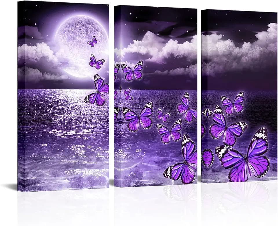 sechars Full Moon over Ocean Canvas Art Purple Butterfly Picture Prints Wall Decor for Bedroom Modern 3 Pieces Artwork Framed for Home Kitchen 16x32Inchx3PCS (Purple)