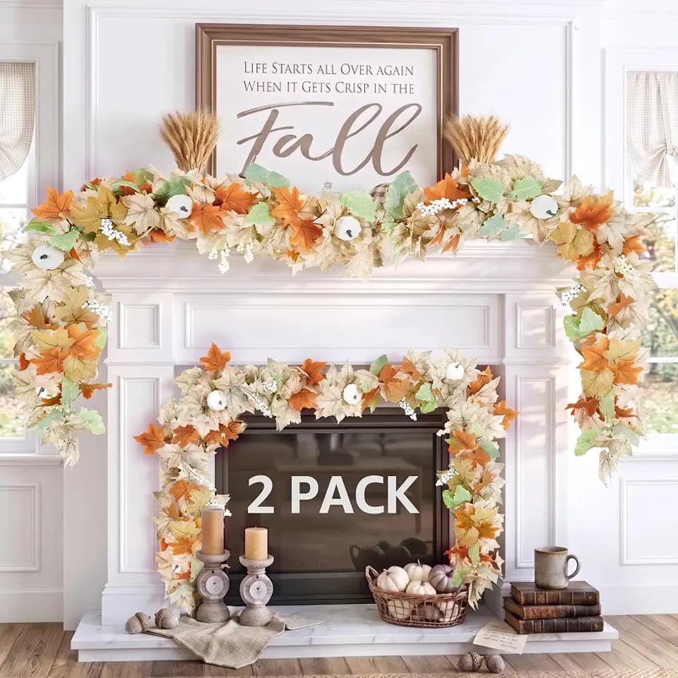 Neutral Fall Garland for Mantle Fireplace - 2 Pack 6Ft Outdoor Autumn Leaves Decor for Home Front Door with Pumpkins Indoor Maple for Farmhouse Table Stairs Porch Halloween Thanksgiving Decorations