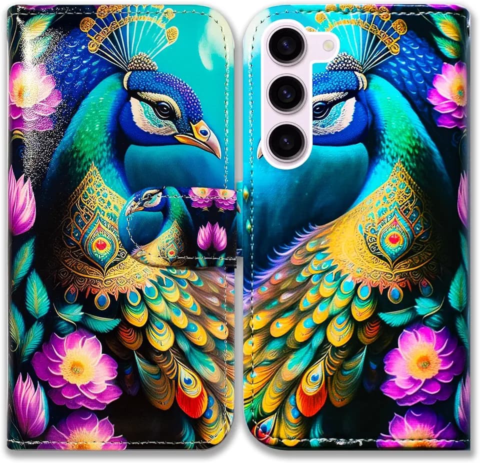 Bcov Schutzhülle für Galaxy S24, buntes Pfauen-Mandala-Blumen, Leder, Klappetui mit Kartenschlitzen, Ständer für Samsung Galaxy S24