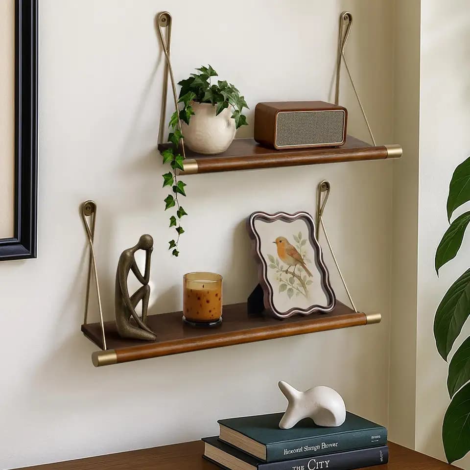 Afuly Walnut Floating Shelves for Wall Mid Century Modern Decor Brass Shelf