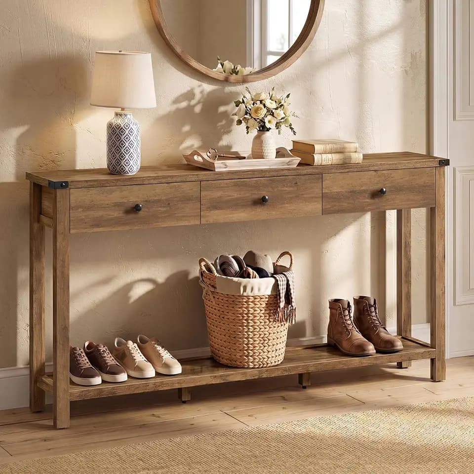 VASAGLE 63 Inche Narrow Console Table with 3 Drawers and Open Storage Shelf