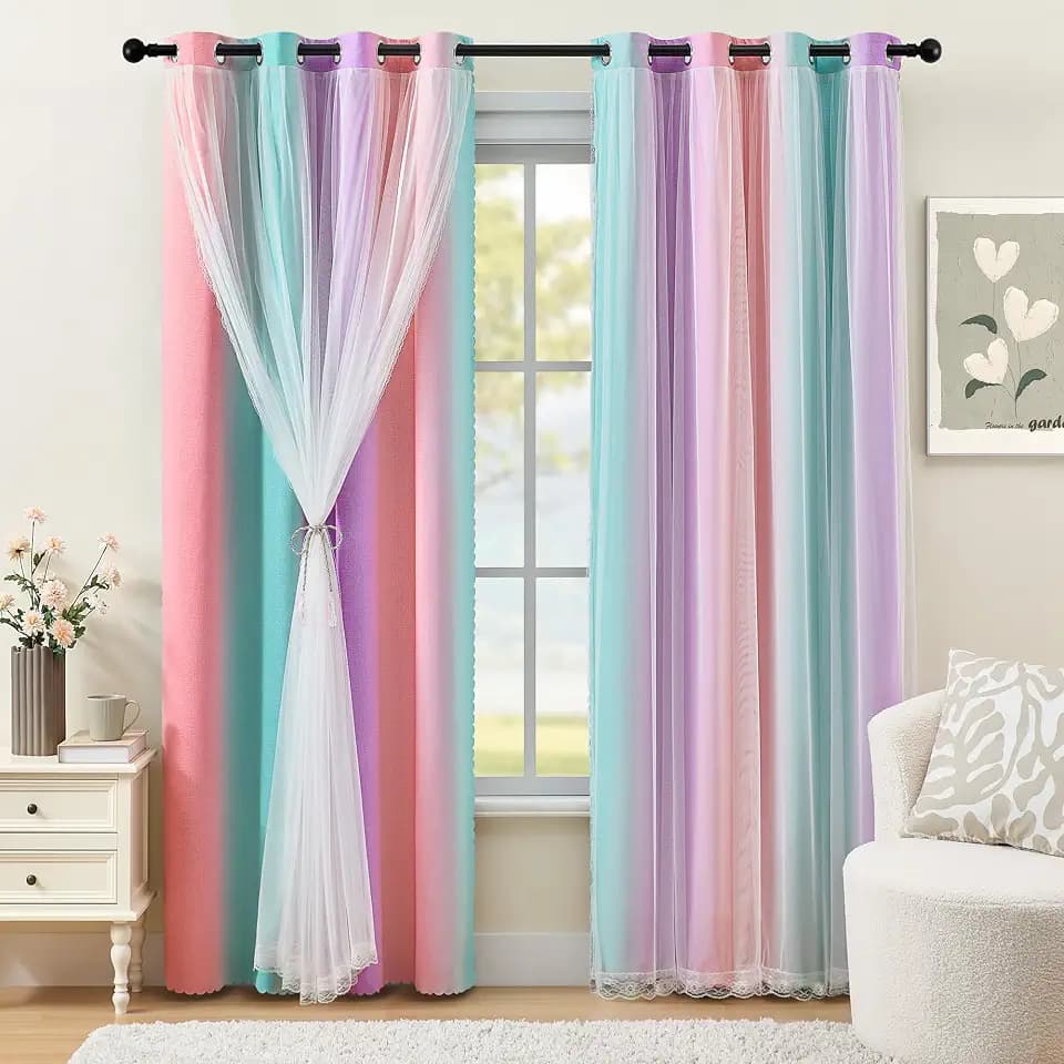 XiDi Kids Blackout Curtains with Sheer Overlay for Girl Bedroom 34Wx96L