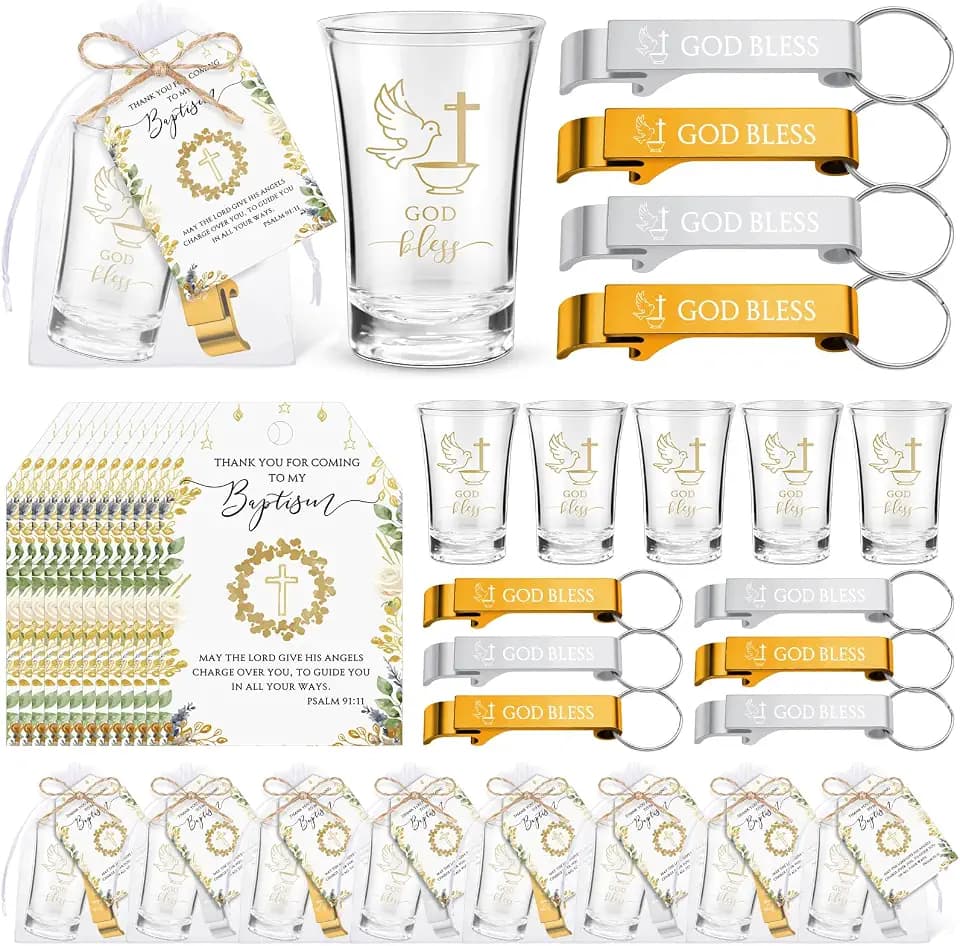 Bokon 24 Set Baptism Party Favors for Guests God Bless Shot Glass 2 in 1 Bottle Opener Keychain with Thank You Cards Bulk Recuerdos De Bautizo for First Communion Christening Baby Shower Confirmation