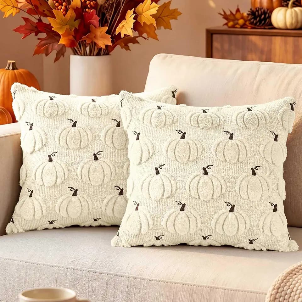 Benjia Fall 20x20 Throw Pillow Covers Set of 2, Autumn Pumpkin Throw Pillow Cases Soft Plush Faux Fur Wool 20 x 20 Autumn Cushion Cover for Indoor Home Bedroom Chair Couch Sofa Decor (White)