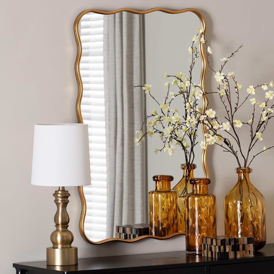 Baxton Studio Cassara Gold Scalloped Rectangular Wall Mirror - Stylish Curved Edge Decorative Accent for Living Room, Bedroom, or Entryway