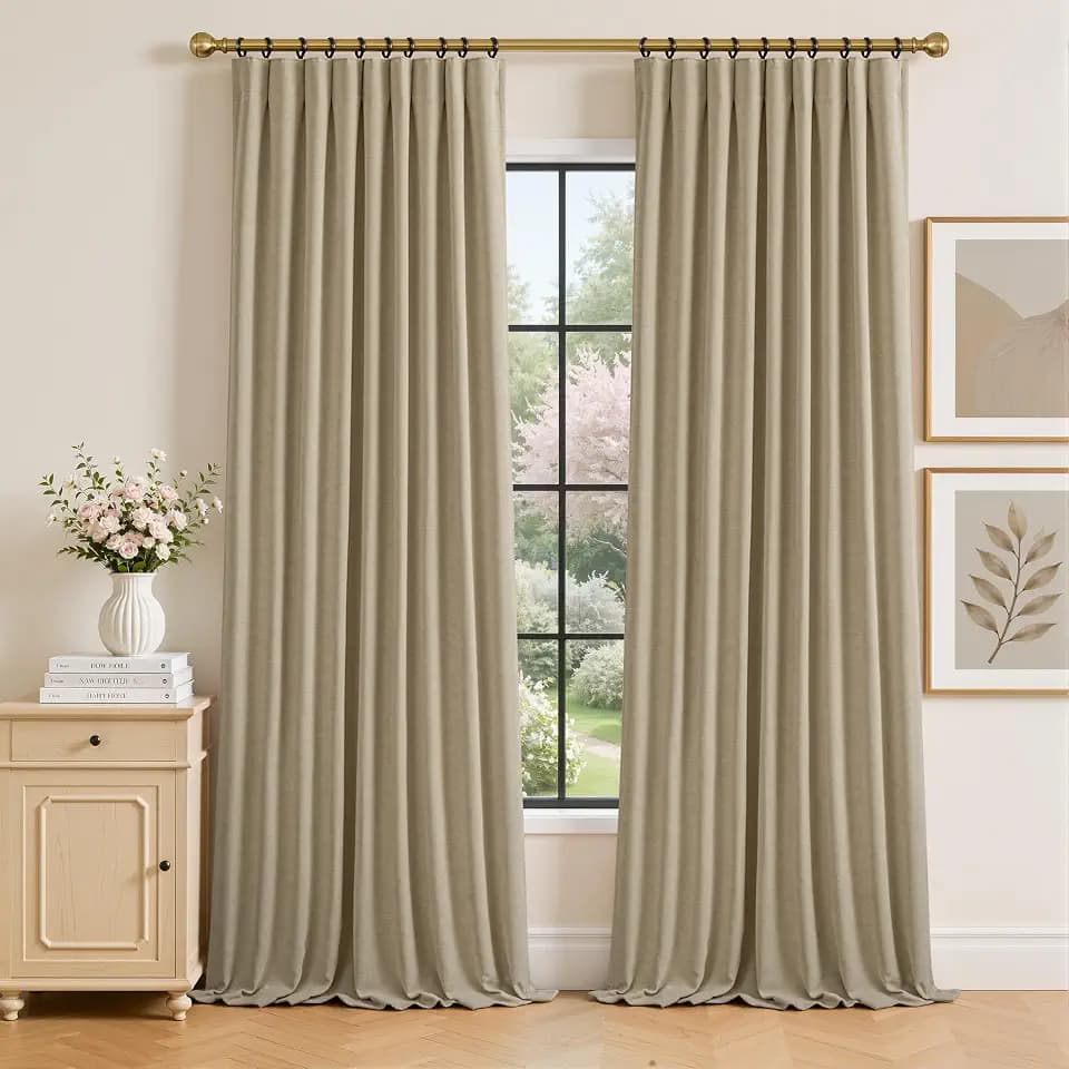 Chenille Taupe Blackout Pleated Curtains 108 Inches Long 2 Panels