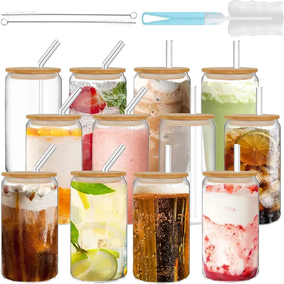 GIVAMEIHF 12 Pcs Glass Cups with Lids and Straws,16 oz Glass Tumbler Set Iced Coffee Glasses with Bamboo Lids and Glass Straws,Drinking Glasses Glass Coffee Cups for Soda,Juice,Coffee Bar,Gifts