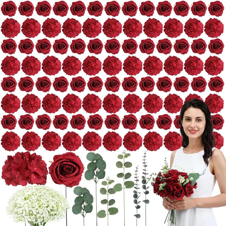 Suncalla 310 Pcs Artificial Flowers Bouque Bulk DIY Baby's Breath Bouquet Bulk Hydrangea Artificial Flowers Wedding Bouquets Floral Arrangement for Wedding Centerpieces Decor(Wine Red)