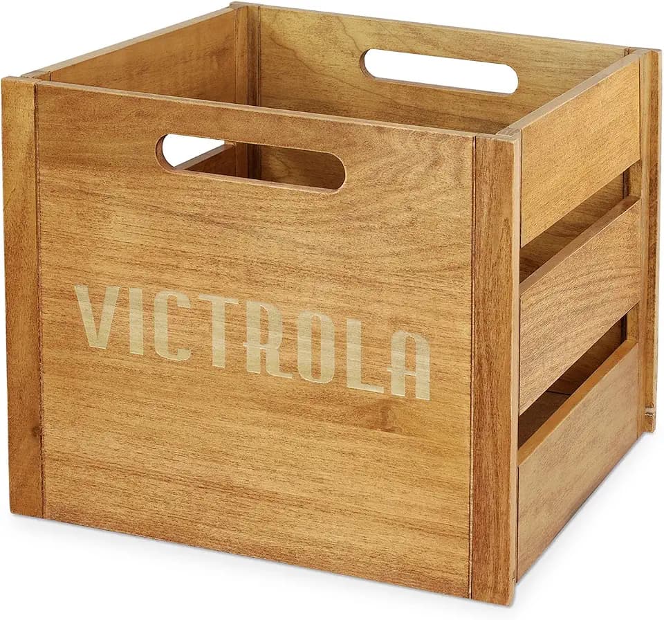 Victrola Wooden Record Crate – Tabletop Vinyl Album Holder, No-Tool Assembly, Holds Over 50 Records, Real Wood Construction, Elegant Design (Natural Wood)