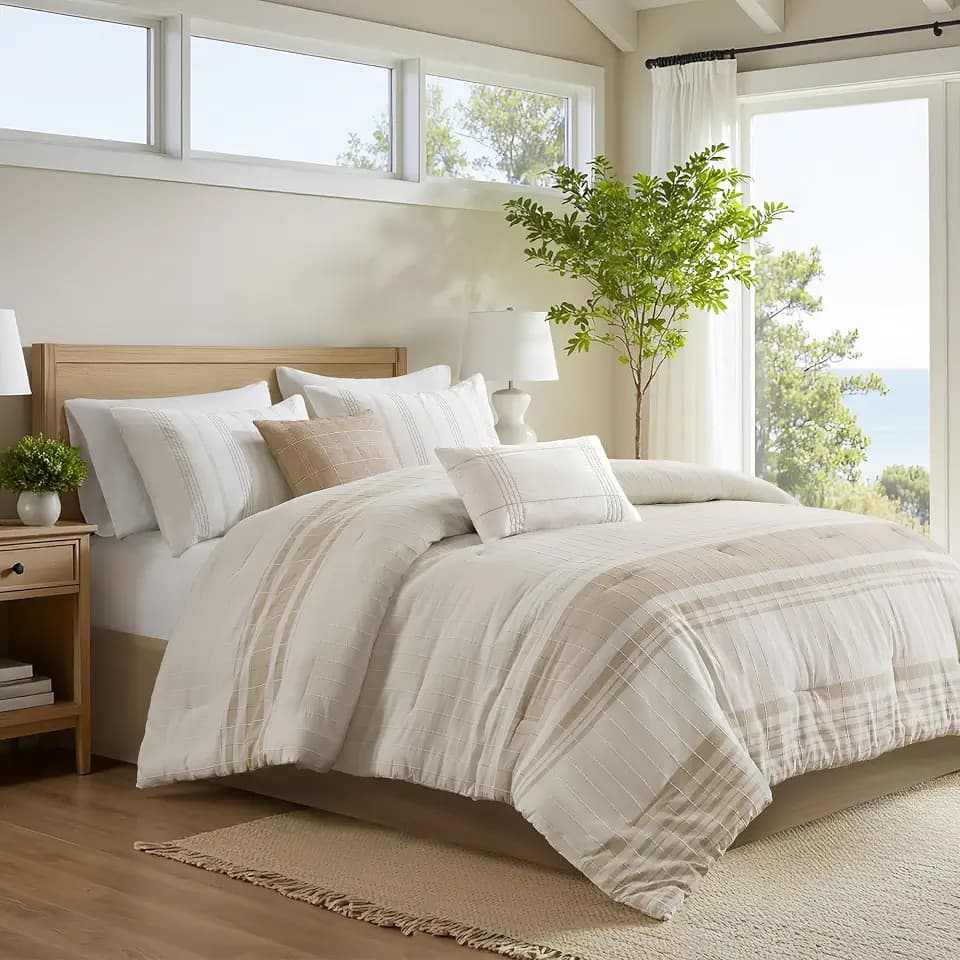 Harbor House Full Comforter Set, Stripes Clipped Jacquard, Soft Cotton Oversized Comforter for a Full-Size Bed, Farmhouse Bedding, 2 Shams, Bedskirt, 2 Décor Pillows, Morgan, Full Ivory/Taupe