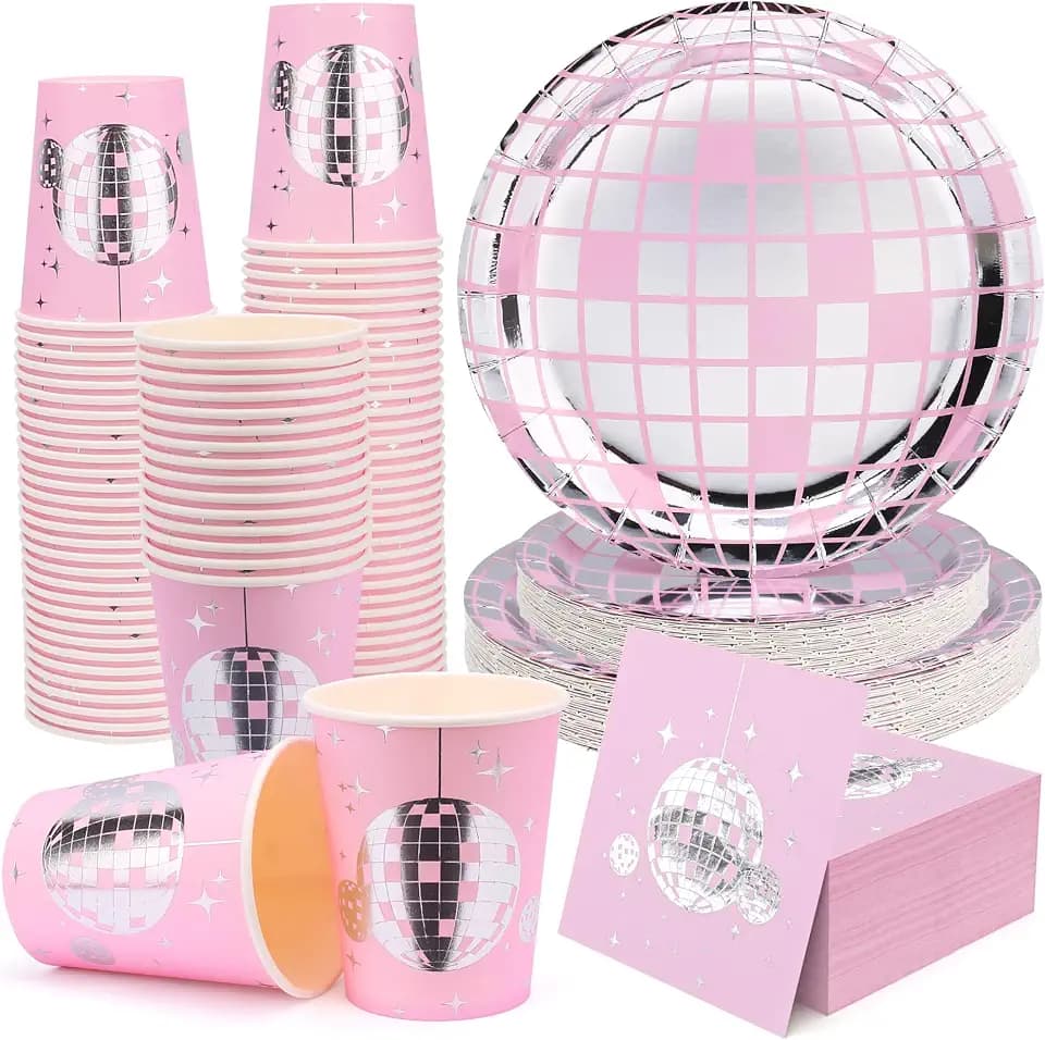 Disco Party Supplies - Disco Ball Paper Plates Disco Ball Paper Cups Disco Party Cocktail Napkins 70s Disco Party Decorations (150Pcs) - Pink, DP-150