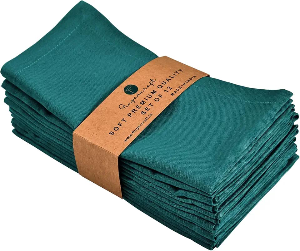 FINGERCRAFT Cloth Napkin, Cotton Linen, Set of 12, 18x18 inch, Teal Green