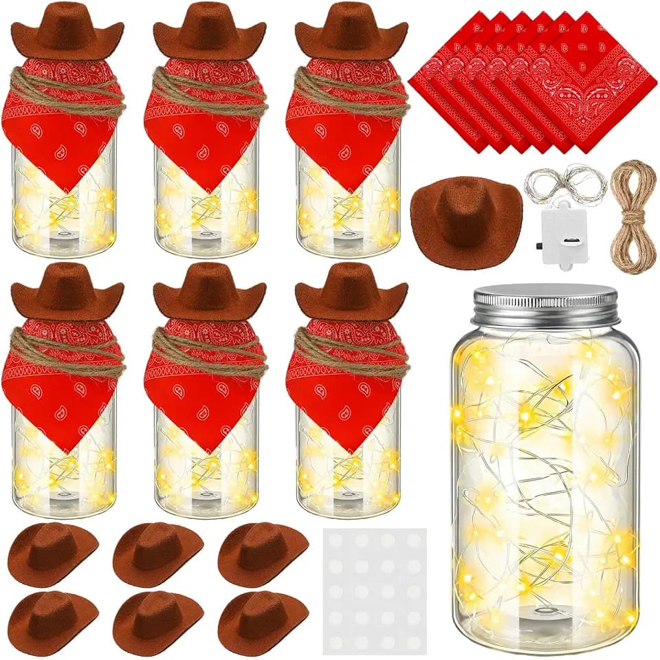 LemonRoad 6 Sets Western Cowboy Centerpieces for Table Western Party Decor with LED Lights Cowboy Cowgirl Felt Hat Bandannas Jar Rope for Birthday Wedding Party Table Decor(Red)