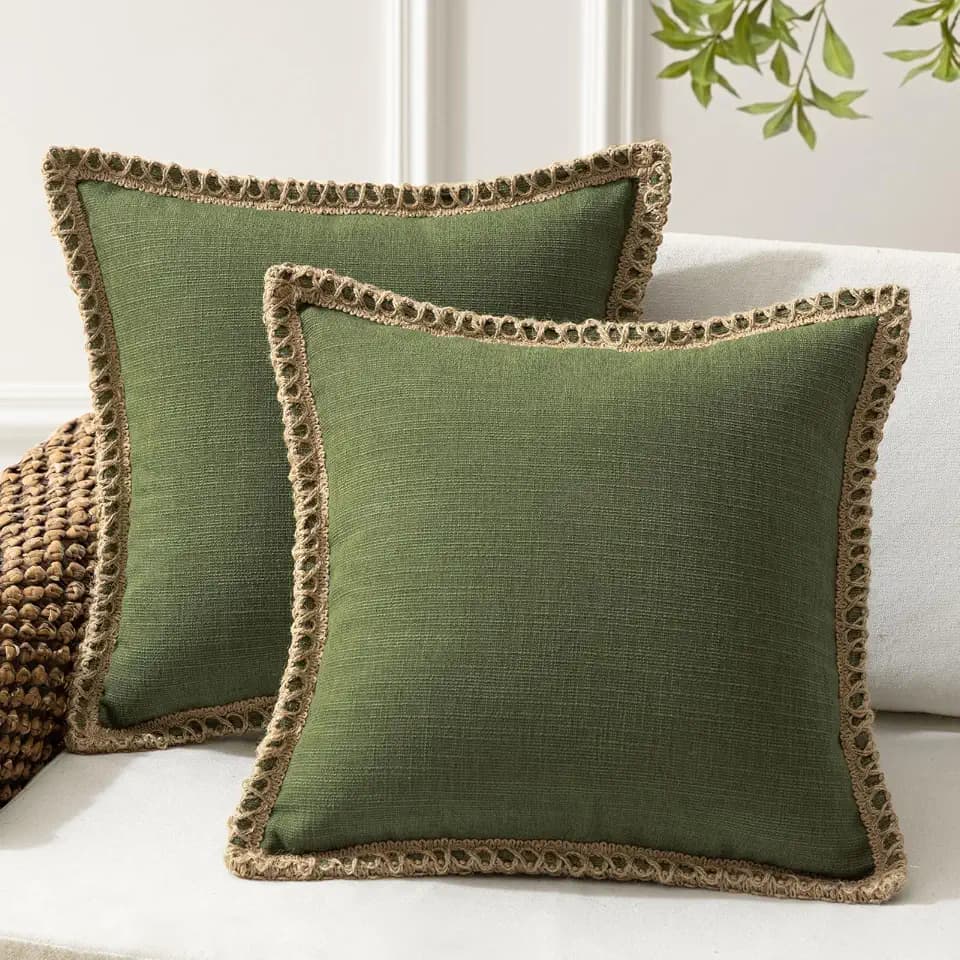 Phantoscope Pack of 2 Farmhouse Decorative Throw Pillow Cover Solid Burlap Linen Trimmed Tailored Edges, Olive Green, 20 x 20 inches, 50 x 50 cm