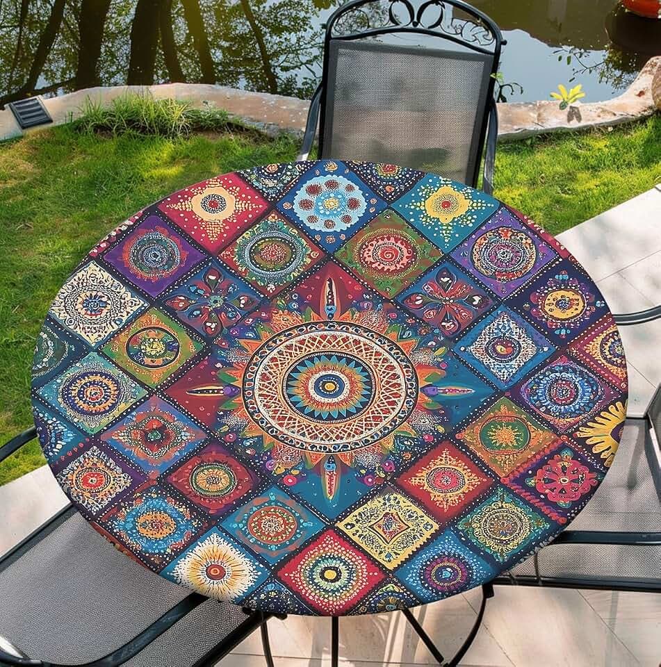 Round Table Cover for Round Tables 36"-70", Fitted Tablecloth with Elastic for Indoor Outdoor Party Holiday, 60inch, Boho Pattern