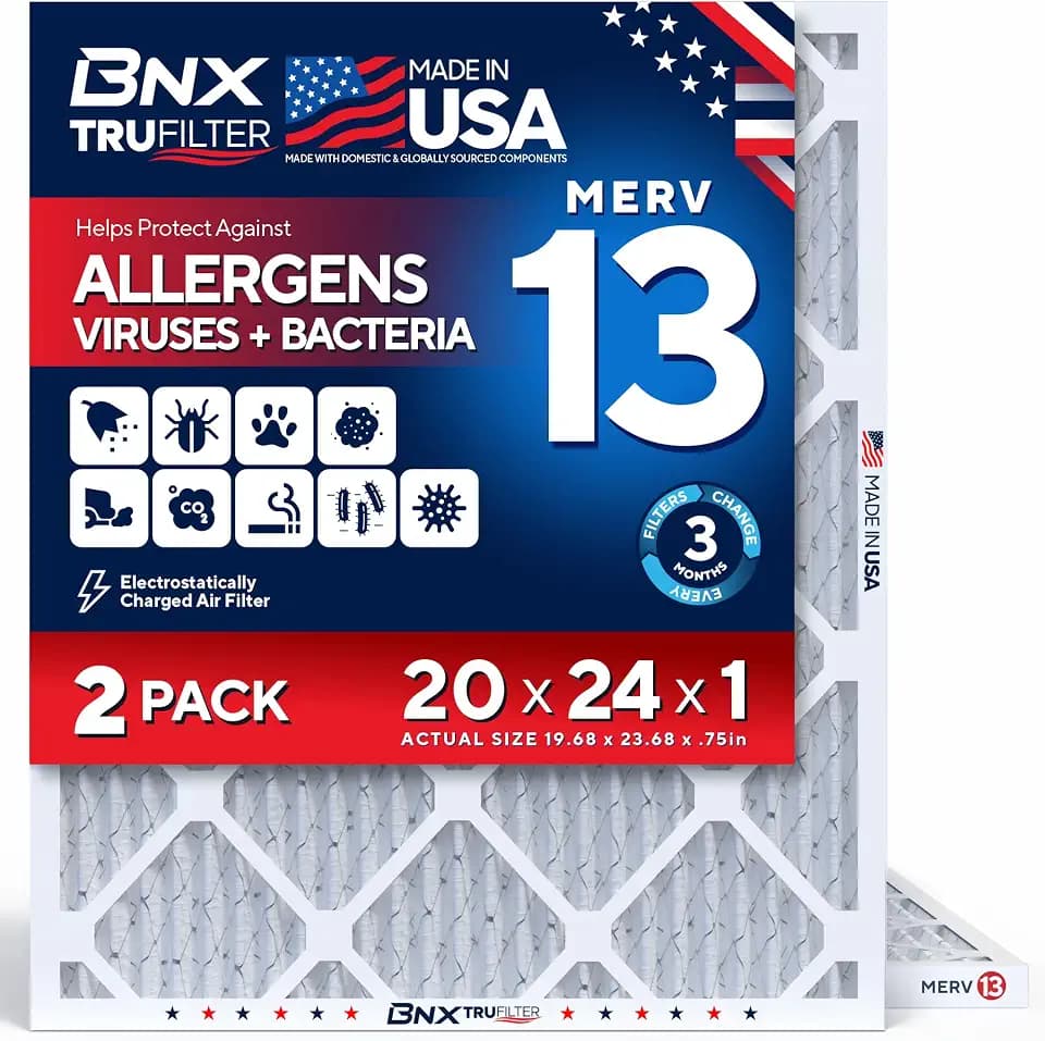 BNX TruFilter 20x24x1 Air Filter MERV 13 (2-Pack) - MADE IN USA - Electrostatic Pleated Air Conditioner HVAC AC Furnace Filters for Allergies, Pollen, Mold, Bacteria, Smoke, Allergen, MPR 1900 FPR 10