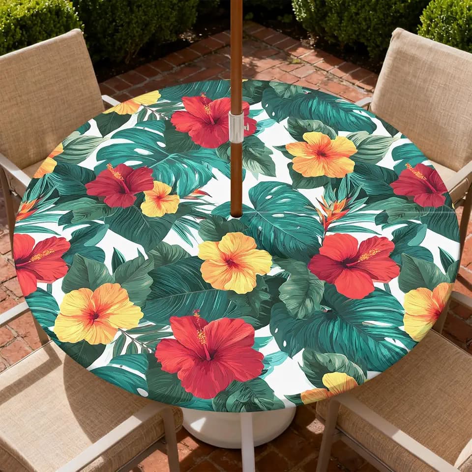 Outdoor Tablecloth with Umbrella Hole and Zipper Fits 53-60" Tables