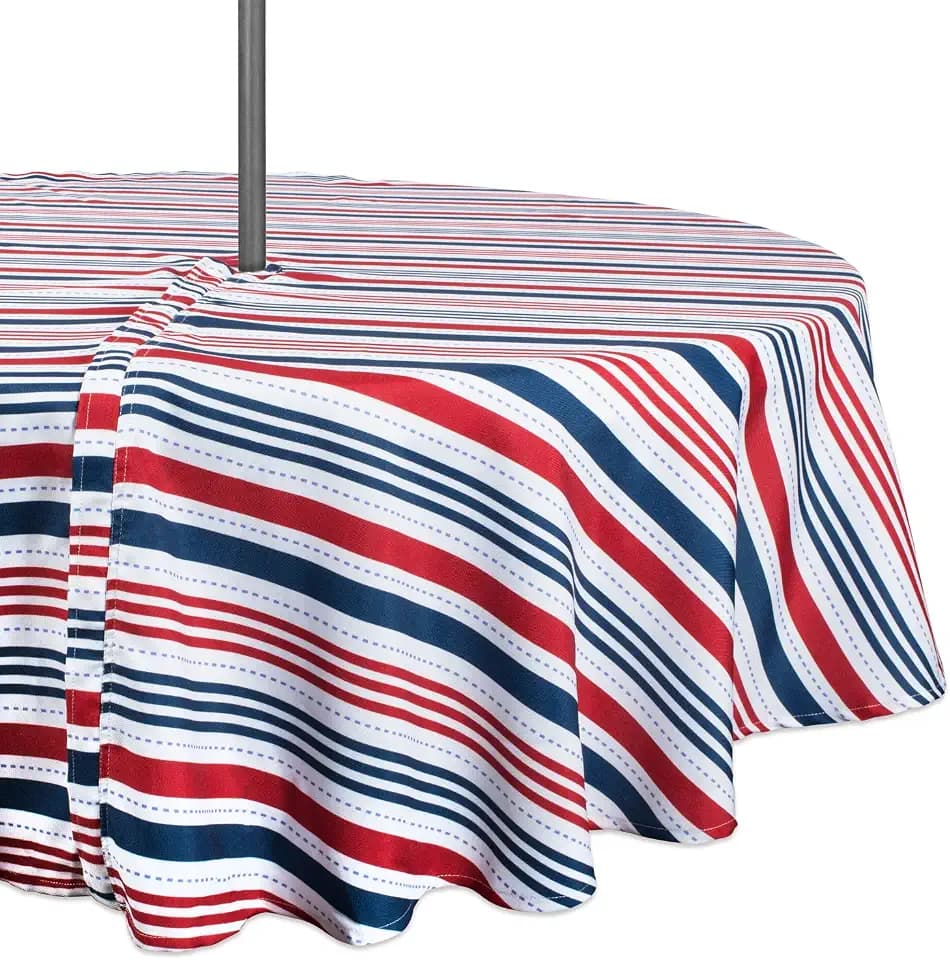 DII Patriotic Stripes Zippered Tabletop Collection, Stain Resistant & Waterproof, Tablecloth, 60" Round, Red, White, & Blue
