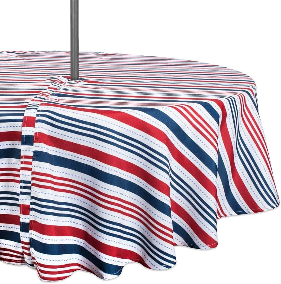 DII 100% Polyester, Spill proof and Waterproof, Machine Washable, Outdoor Tablecloth With Zipper and Umbrella Hole, 52" Round, 4th of July Patriotic Stripe, Seats 4 People
