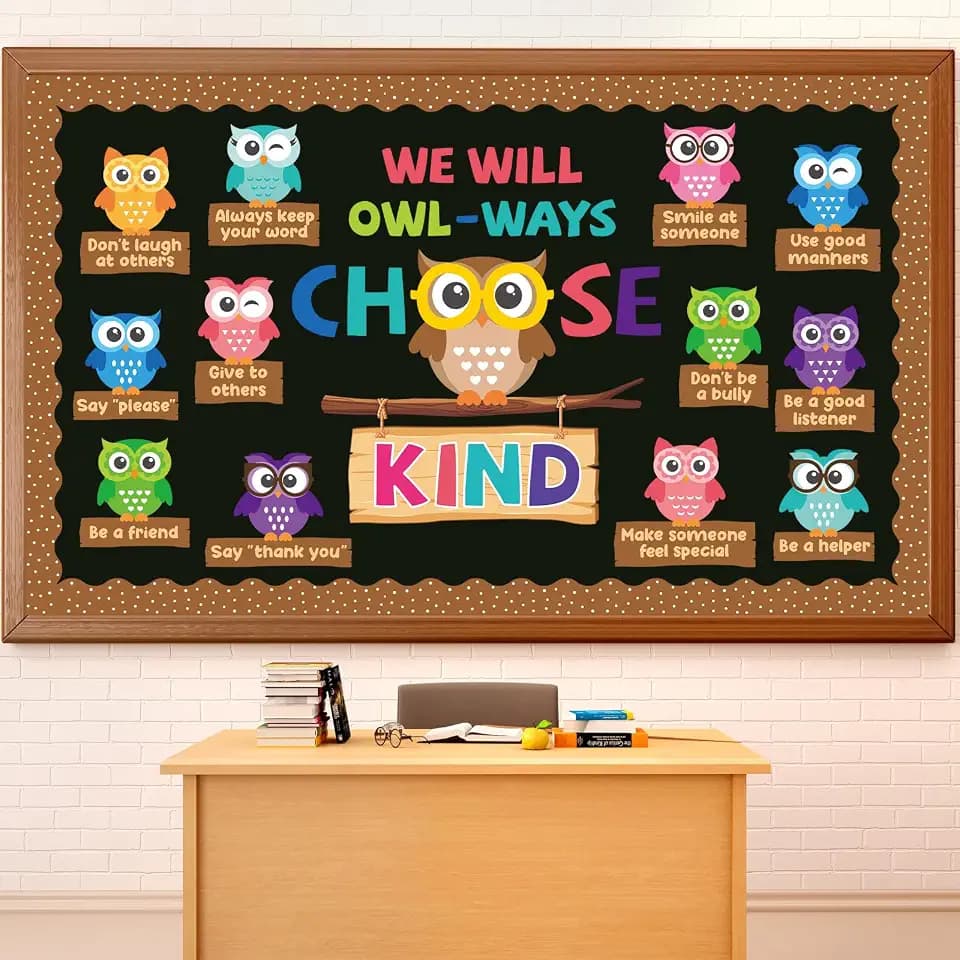 Colorful Owl Bulletin Board Set We're Owl-Ways Choose Kind Classroom Bulletin Board Decorations Mix Owls Kindness Paper Cutouts for Owls Themed Party Back to School Chalkboard Wall Door Decorations