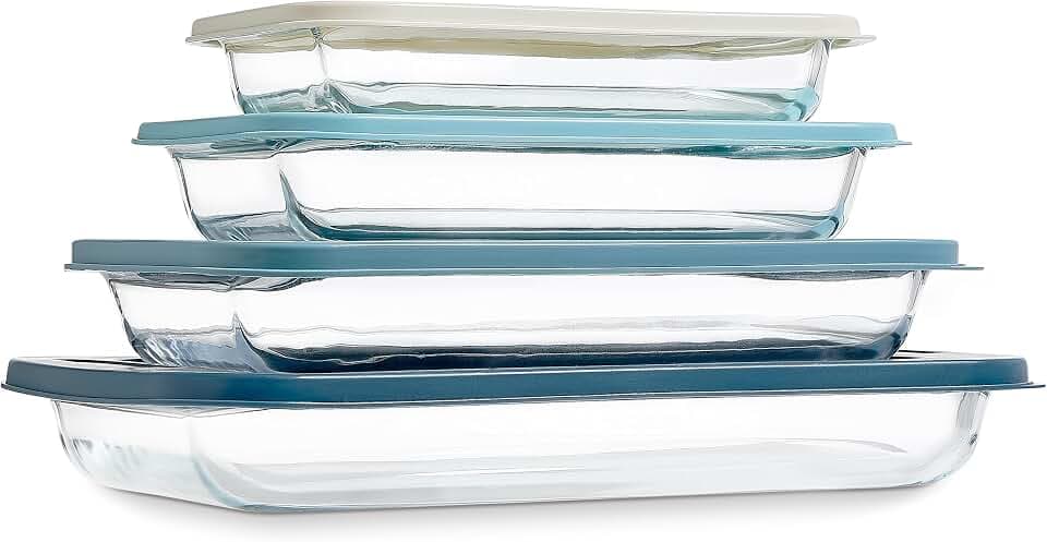 COOK WITH COLOR 8-Piece Deep Glass Baking Dish Set with Plastic Lids – Casserole and Food Storage Containers for Lasagna, Leftovers – Freezer-to-Oven, Microwave & Dishwasher Safe, Blue
