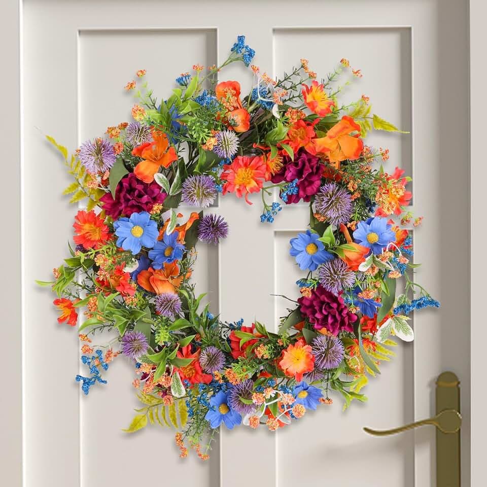 20" Colorful Wildflower Spring Summer Wreath for Front Door Outdoor Décor
