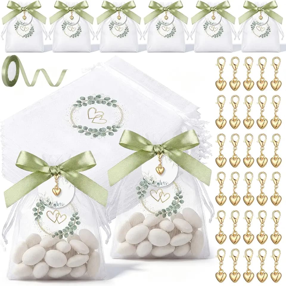 Hestya 30-Teiliges Geschenktüten-Set mit Herz-Schlüsselanhänger und Runden Eukalyptus-Anhängern – Süßigkeitentüten für Hochzeit, Taufe oder Kommunion
