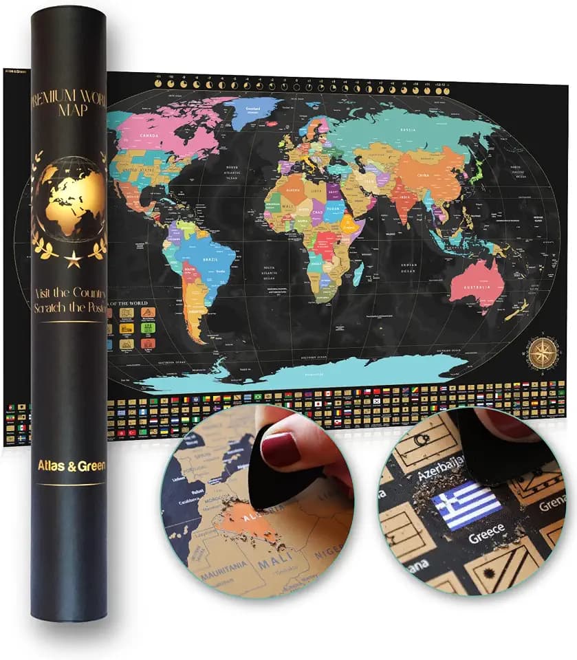 Scratch Off World Map for Wall with U.S States and Flags of the World Large