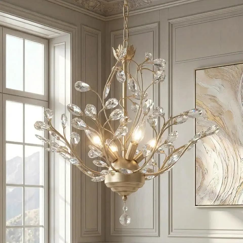 Maxax Gold Crystal Chandelier, 4-Light K9 Crystal Pendant Light, Adjustable Electroplated Ceiling Fixture for Dining Room, Living Room, Bedroom, and Foyer, 18.1" D x 58" H