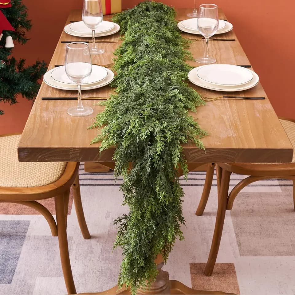 Thick & Lush Faux Cedar Greenery, Made with TPE Material for a Realistic Look, Artificial Pine Garland for Mantel, Fireplace, Staircase (Christmas Cedar Garland, 6ft)