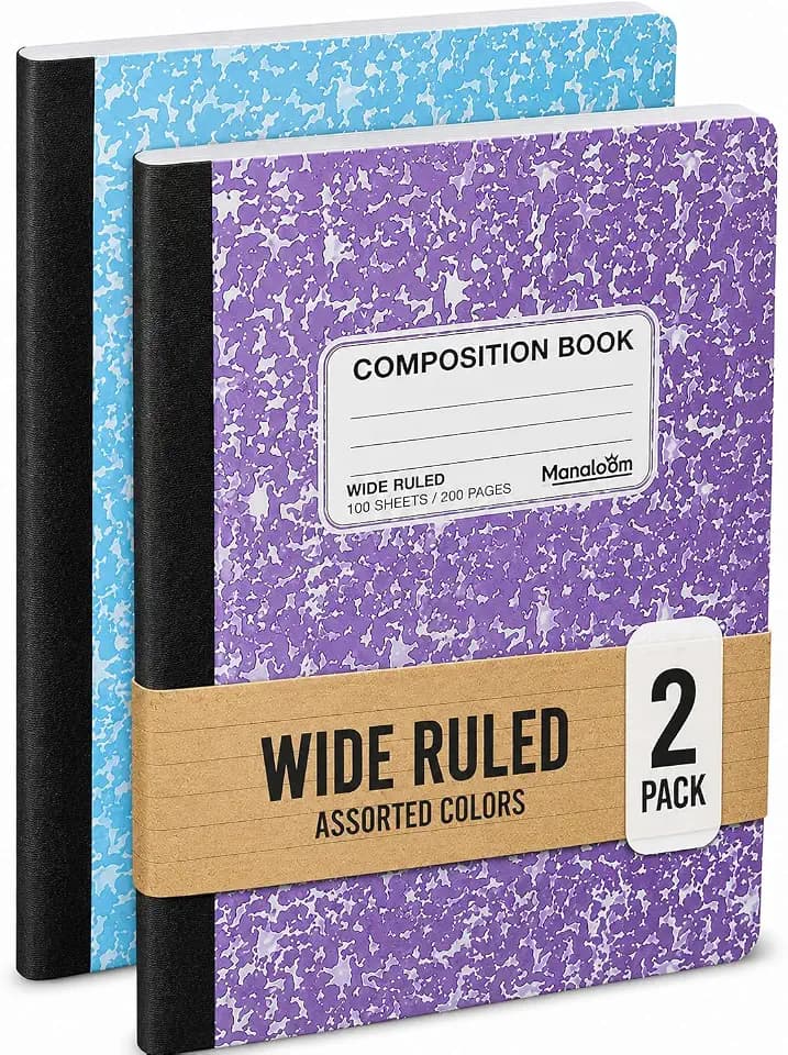 Manaloom Hardcover Wide Ruled Composition Notebook – Bright Colors, 100 Sheets, 200 Pages, 9.75 x 7.5 in – For School, Office, Note-Taking – 2 Pack