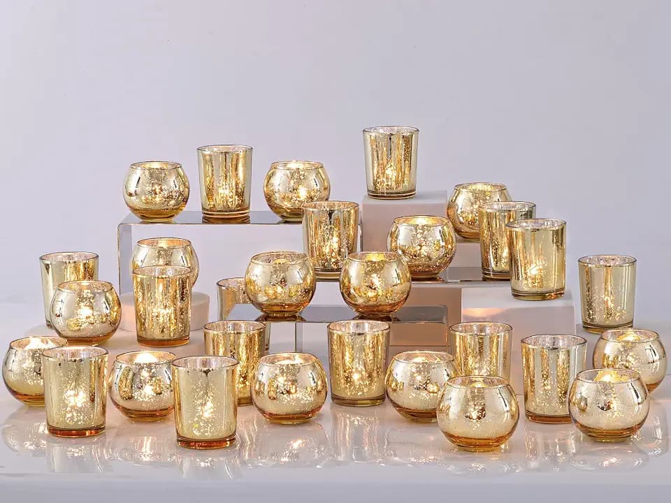 DEVI 48PCS Assorted Gold Votive Candle Holders Bluk, Gold Wedding Decorations, Mercury Glass Candle Holder for Tea Lights, Christmas Party Diwali Centerpieces for Table, Wedding Party Supplies