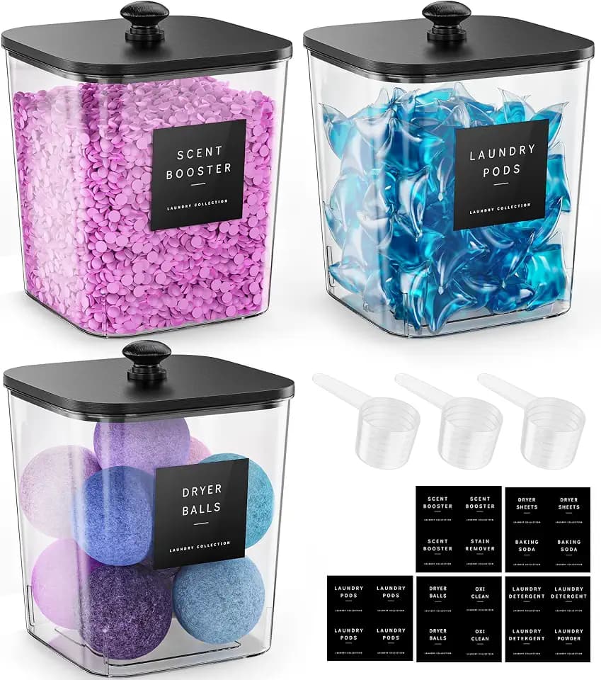 Moforoco 3 Pcs Laundry Pods Container, Clear Laundry Room Organization Containers,Large Detergent Powder Storage, Black Wooden Lids & Labels