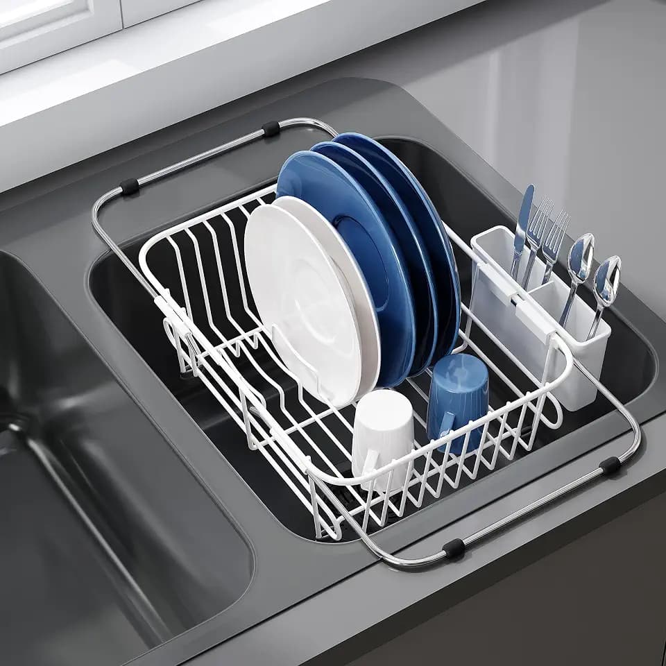 JASIWAY White Dish Drying Rack in Sink with Utensil Holder, RV, Apartment