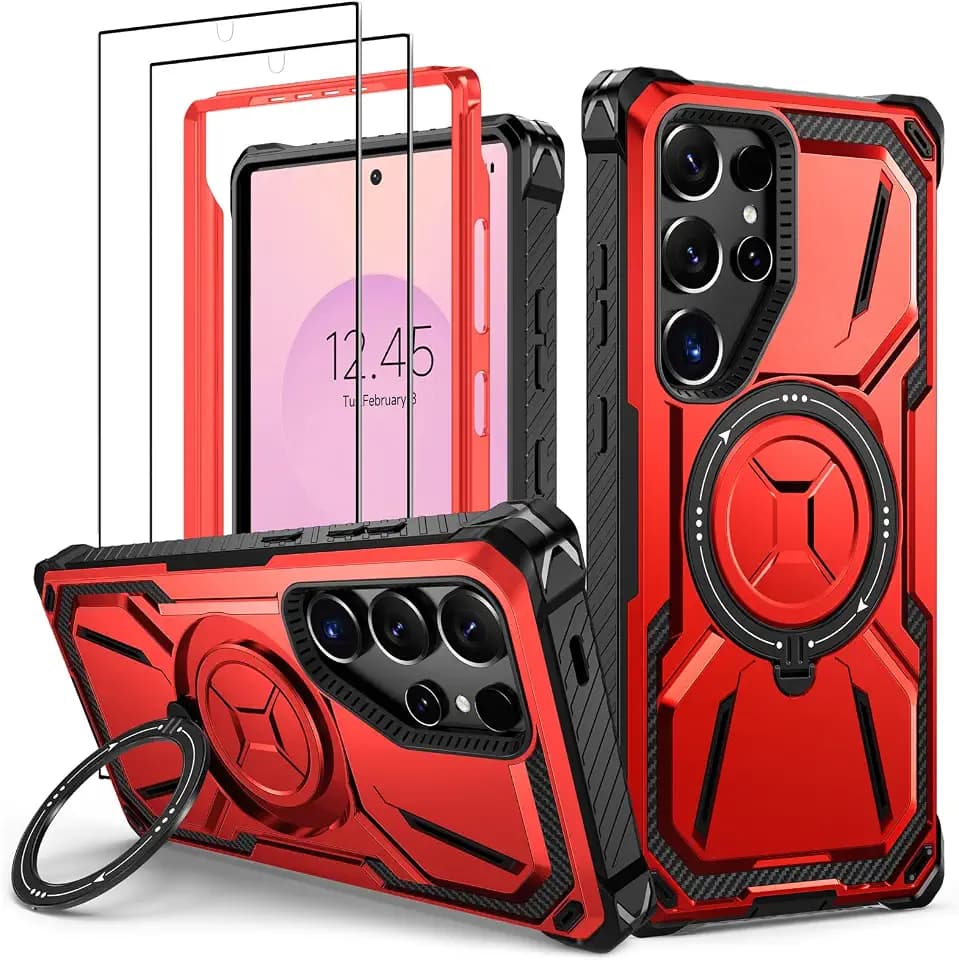 Lanhiem für Samsung Galaxy S25 Ultra Hülle, 360° Ring Ständer, Stoßfest-Rot | mit 2 Stück Schutzfolie, Robust Bumper Schutzhülle, Militärischer Armor Handyhülle für Samsung Galaxy S25 Ultra Case