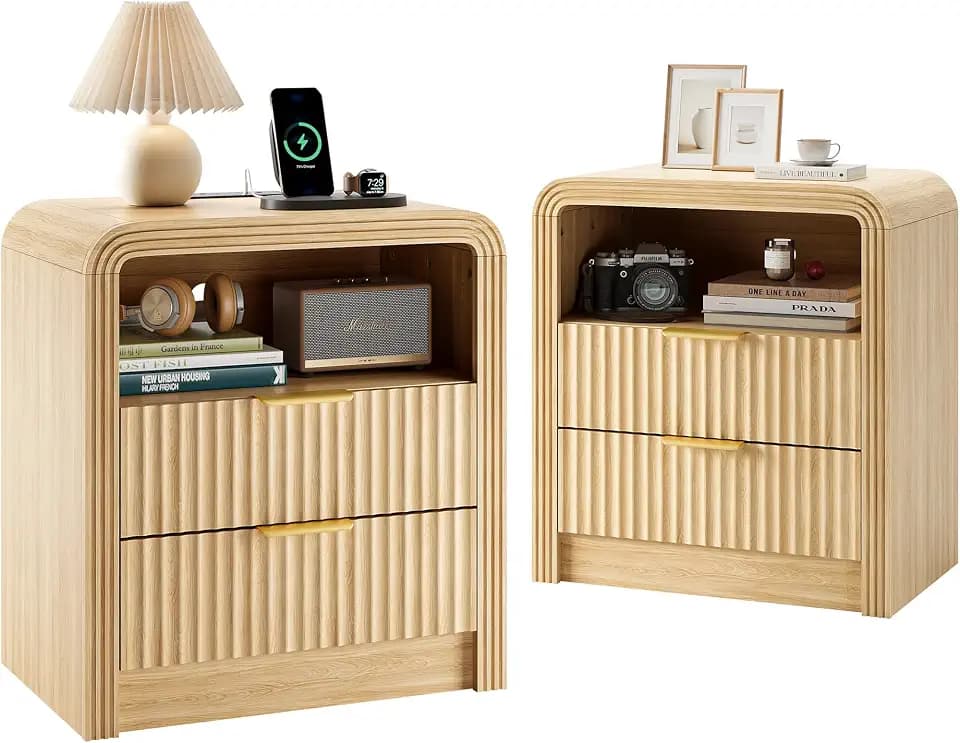 Decofy Fluted Nightstand Set of 2 with Charging Station, 2 Drawers, Oak