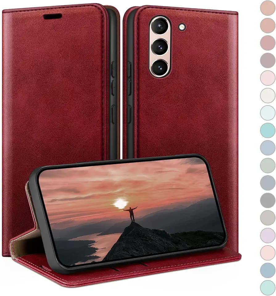 HUOUH für Samsung Galaxy S21 Hülle mit RFID Schutzhülle aus Lederhülle Handyhülle,360 Grad Schutz Case,Kartenfach Leder ständer Handy hülle für Samsung S21 Klapphülle Wallet Cover Rot