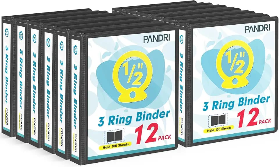 PANDRI 12 Pack 0.5-inch 3 Ring Binders with 2 Interior Pockets, Black