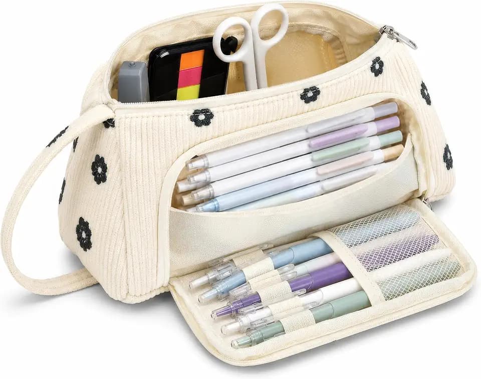 Big Capacity Pencil case,Soft Corduroy Pencil Bag with 3 Compartment Pouch Bag for School Supplies Office for Teen Girls Boys Women Man (Black Floral)